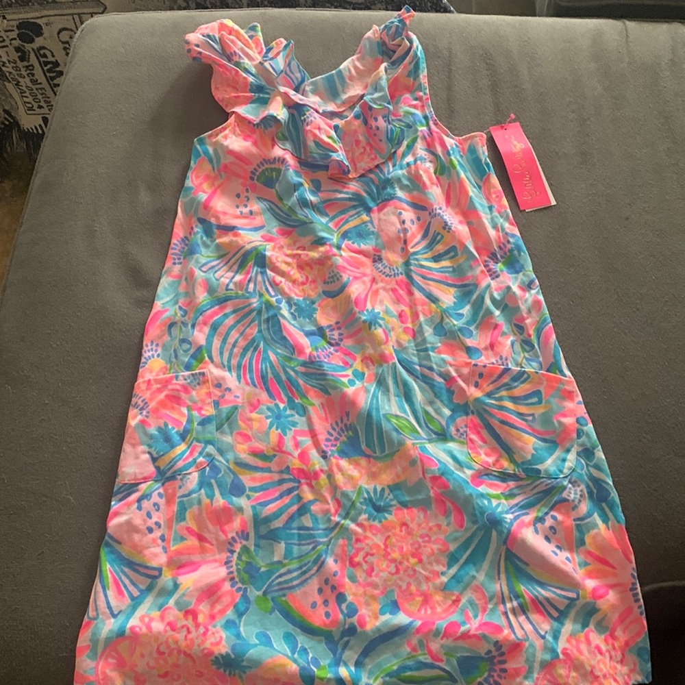 Lilly Pulitzer Girls Floral Ruffle Shoulder Dress in Pink, Blue & Green